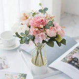 1 Bundle Bouquet Wedding Bride Holding Floral Artificial Silk Rose Peony Flowers