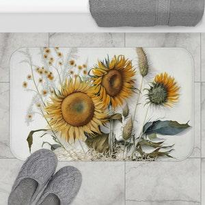 Sunflowers Bath Mat | Soft Microfiber Memory Foam | Floral Sunflower Print on a White Background | Perfect For Bathroom, Laundry, or Bedroom