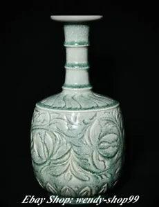 10" Old Chinese Song Dynasty Ru Kiln Porcelain Palace Peony Flower Bottle Vase