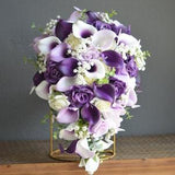 Purple Wedding Bouquet, Rustic Plum White Bridal Bouquet, Real Touch Calla Lilies, Ivory White Roses, Baby's Breath, Boutonnieres