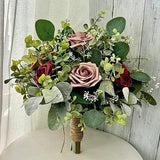 Boho burgundy & dusty rose greenery bridal bouquet eucalyptus wedding bouquet, Lambs ear sage bridesmaid flowers, boutonni¡§¡§re wrist corsage