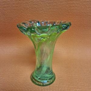 Vintage Handblown Bright Yellow, Green Swung  Glass Flower Vase Wave Swirl Hand Blown Vase