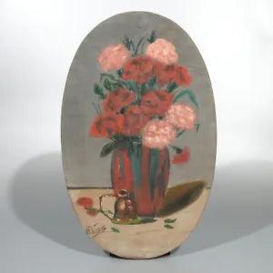 Antique French Oil Painting Naive Folk Art Bouquet of Flowers Carnations, Signed