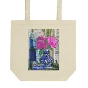 Pink peony bouquet bookbag, Mottahedeh chinoiserie vase farmers market bag, Fuschia summer blossom totebag, Oriental ginger jar teacher tote