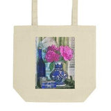 Pink peony bouquet bookbag, Mottahedeh chinoiserie vase farmers market bag, Fuschia summer blossom totebag, Oriental ginger jar teacher tote