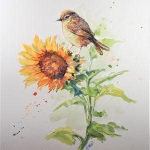 Printing of Original Watercolor Painting, Bird on Sunflower, 210919, 3 sizes