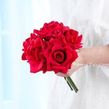 Realistic 5 Stems Real Touch Moist Latex Rose Bouquet | High Quality Artificial Flower | Wedding/Home Decoration | Gifts - Bright Red