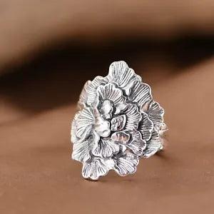 Pure 990 Fine Silver Band Men Women Gift Lucky Retro Carved Peony Flower Ring