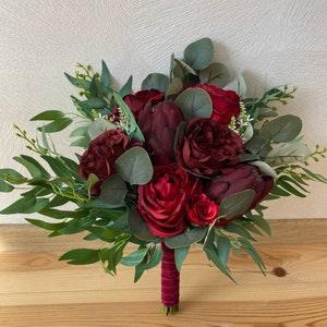 Boho bridal bouquet with eucalyptus for the bride and bridesmaids, silk rose burgundy wedding bouquet.
