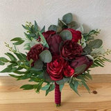 Boho bridal bouquet with eucalyptus for the bride and bridesmaids, silk rose burgundy wedding bouquet.