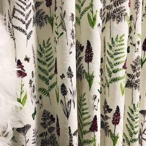 Burgundy Floral Green Plants Pattern Washed Linen Cotton Curtain Ivory Background Drapery Panel 53 Width Various Lengths Custom Drapes