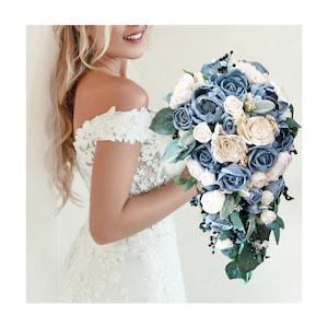 Dusty Blue Bridal Bouquet with Cascading White Sola Wood Rose Flowers for Wedding, Beach Wedding Bride & Bridesmaid Flower Cascade Bouquet