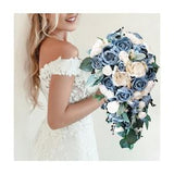 Dusty Blue Bridal Bouquet with Cascading White Sola Wood Rose Flowers for Wedding, Beach Wedding Bride & Bridesmaid Flower Cascade Bouquet