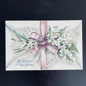 LILY OF THE VALLEY Victorian Birthday Postcard Embossed c1908 Germany