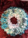Aqua Gingham Hand Crafted  Wreath Teal Flowers Iridescent Glass Bead Fireflies