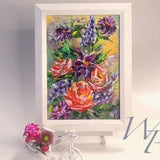 Roses Painting Original Art Floral Bouquet Painting Impasto Oil Wood Panel Painting Bluebonnet Painting Clematis Painting 8" x 12" inches