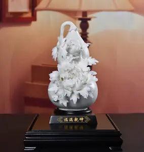 Chinese Dehua Porcelain Wealth Peony Flower Gourd calabash cucurbit Statue