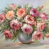 Large Flowers Oil Painting Original Pink Roses Wall Art Custom Bridal Bouquet Painting from Photo Pink Rose Flower Oil Painting on Canvas