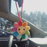 Crochet Smiley Sunflower Car Charm | Smiley Sunflower Rearview Mirror Hanging Accessories | Smiley Face Car Ornament | Dashboard Ornament