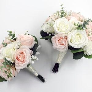 Wedding Bouquet, Pale Blush Ivory Bridal Bouquet, Bridesmaids Bouquets, Wedding Flowers, Artificial Flowers, eucalyptus roses babies breath