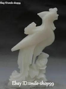 12" China Natural White Jade Peony Flower Wealth Phoenix Bird Fenghuang Statue