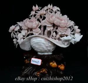 18.8" Natural Xiu Pink Jade Carving subshrubby peony flower Birds Basket Statue