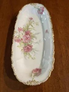 VINTAGE J POUYAT LIMOGES large pink carnation and Gold Trim Oval Serving Dish