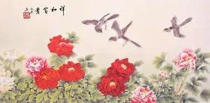 #068 ASIAN ART CHINESE WATERCOLOR PAINTING-Peony flower&birds lover