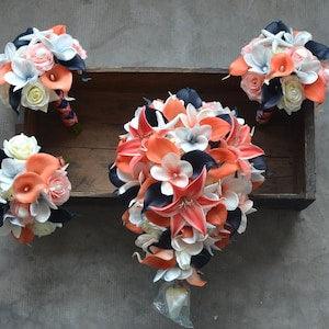 Navy Blue Coral Beach Wedding Bouquets, Real Touch Calla Lilies, Plumerias, Roses, Shells Starfishes, Navy Bridal Bouquet