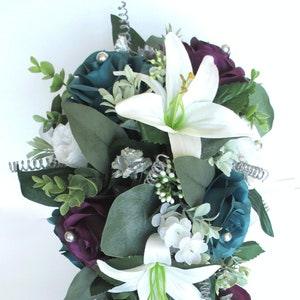 Wedding Bouquet 17piece Bridal Cascade bouquet set, PLUM, Teal, white LILY, Bridesmaid Bouquet, Wedding Silk flowers "RosesandDreams"