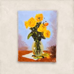 Yellow Rose Bouquet Hand Paint | Painting of Flowers in Vase | Oil on Canvas | Wall art painted by hand | Home Decorative Art | 12x16 Inches