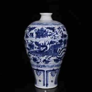 9.1" China old yuan dynasty Porcelain Blue white Phoenix peony flowers plum vase