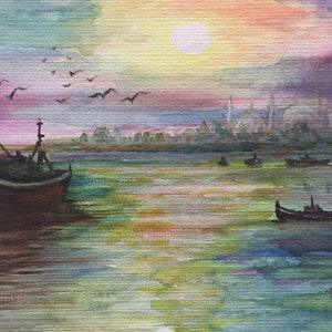 Handpainted Watercolor Original Artwork - Sunset in Istanbul