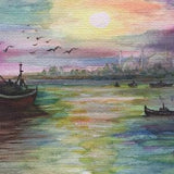 Handpainted Watercolor Original Artwork - Sunset in Istanbul