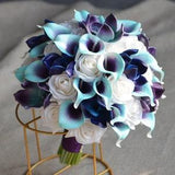 Faux Blue Purple Galaxy orchid Bride Bouquet, Real Touch Calla Lilies, White Roses, Beach Wedding Bouquet, Blue Boutnnieres, Flower wand