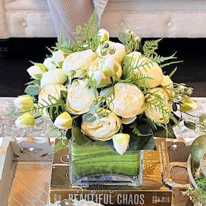 White roses centerpiece in square glass vase, modern Faux flowers, silk cream peonies and green ferns, modern floral arrangement, home decor