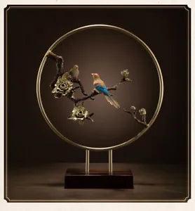 39 cm China Pure Brass Lucky Peony Flower and Magpie Painted circular Statue