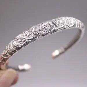 Solid 999 Pure Silver Bracelet Women 9mm Peony Flower Cuff Bangle 2.28inchDia