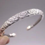Solid 999 Pure Silver Bracelet Women 9mm Peony Flower Cuff Bangle 2.28inchDia