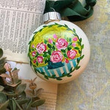 Hand Painted Floral Bouquet Ornament, Pink Roses with a Green Background on a Cream Ornament, Christmas Tree Decoration with Velvet Ribbon
