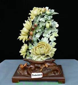 17'' Chinese Natural Xiu Jade Carve Peony Flower Bird Pair Statue Sculpture
