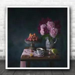 Peony Bird Spring Flower Flowers Tea Coffee Parrot Parrots Square Wall Art Print