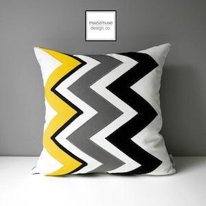 Decorative Yellow Chevron Pillow Cover, Modern Outdoor Pillow Cover, Black White & Grey, Sunflower Yellow Sunbrella Cushion Cover, Mazizmuse