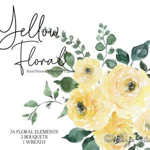 Yellow Watercolor Floral Clipart Ranunculus Flowers Clip Art Wedding Clipart Graphics Flower Florals Peonies Greenery Foliage Wreath Bouquet