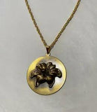 Vintage INGA Solid Brass Pendant, round Necklace 24" rope chain- Lily flower