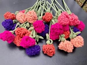 Vintage Hand knit Crochet Yarn Carnation Flowers long wired stem w leaves 15x3???
