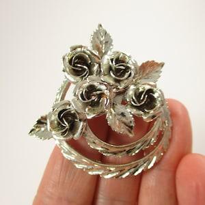 Vintage Coro Silver Tone Rose Brooch.Flower Roses Bouquet Pin Jewelry Set 1960s