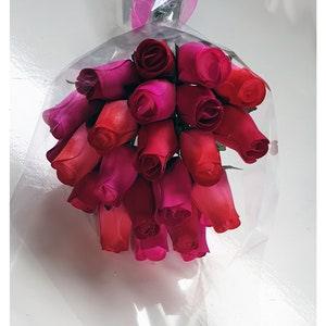 Valentines Hand Tied Wooden Rose Bouquet  2 Dozen Red and Pink  Wooden Bud Roses in Cellophane Everlasting Flower Bouquet