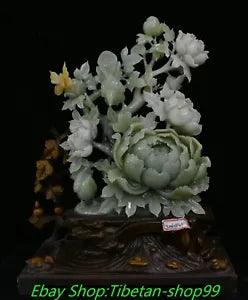 19.2'' Natural Xiu Green Jade Carve Bird Animal Peony Flower Statue Sculpture