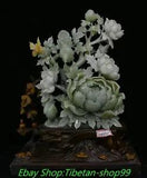 19.2'' Natural Xiu Green Jade Carve Bird Animal Peony Flower Statue Sculpture